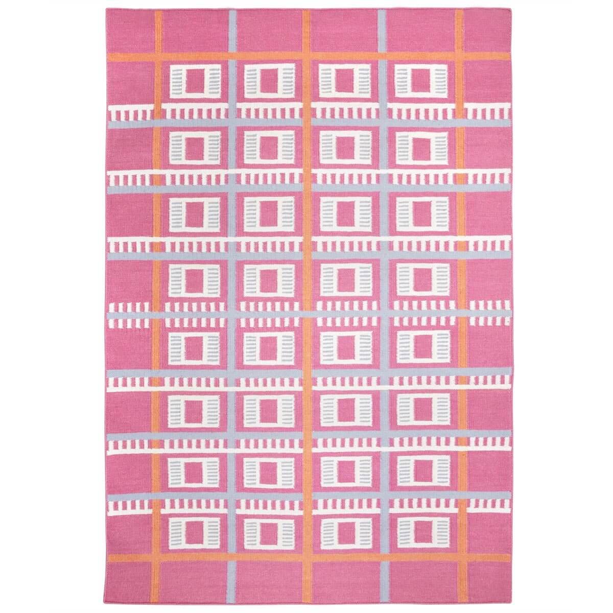Pink Labourdonnais Flatweave Rug handwoven with a checkered grid pattern inspired architecture.