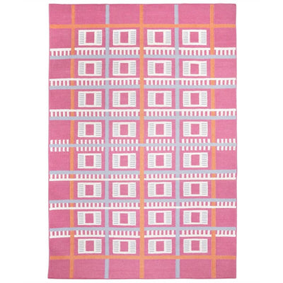 Pink Labourdonnais Flatweave Rug handwoven with a checkered grid pattern inspired architecture.