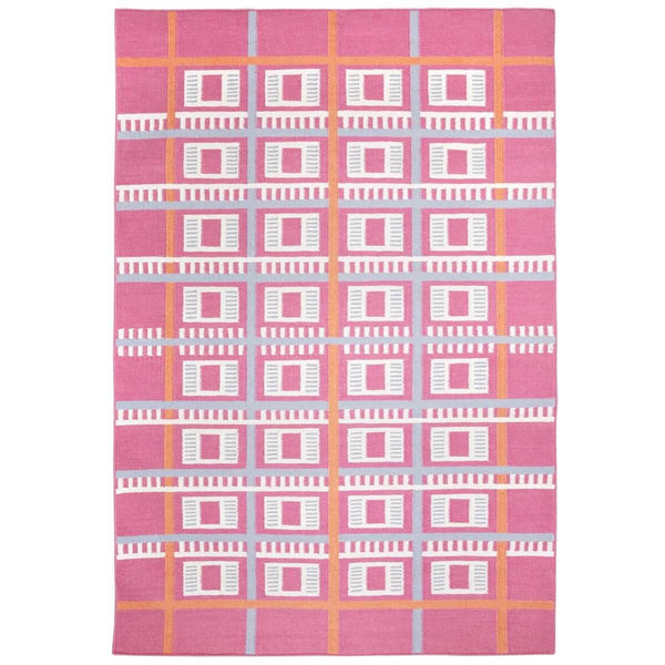 Pink Labourdonnais Flatweave Rug handwoven with a checkered grid pattern inspired architecture.