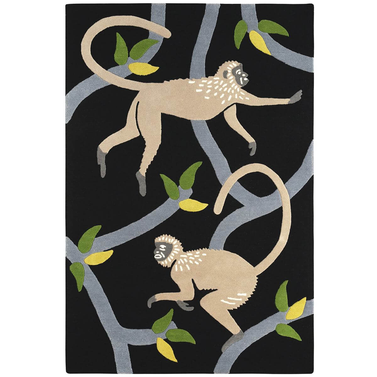 Monkey Rug hand tufted with Langur monkeys and branches on a black base.
