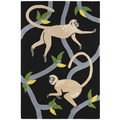 Monkey Rug hand tufted with Langur monkeys and branches on a black base.