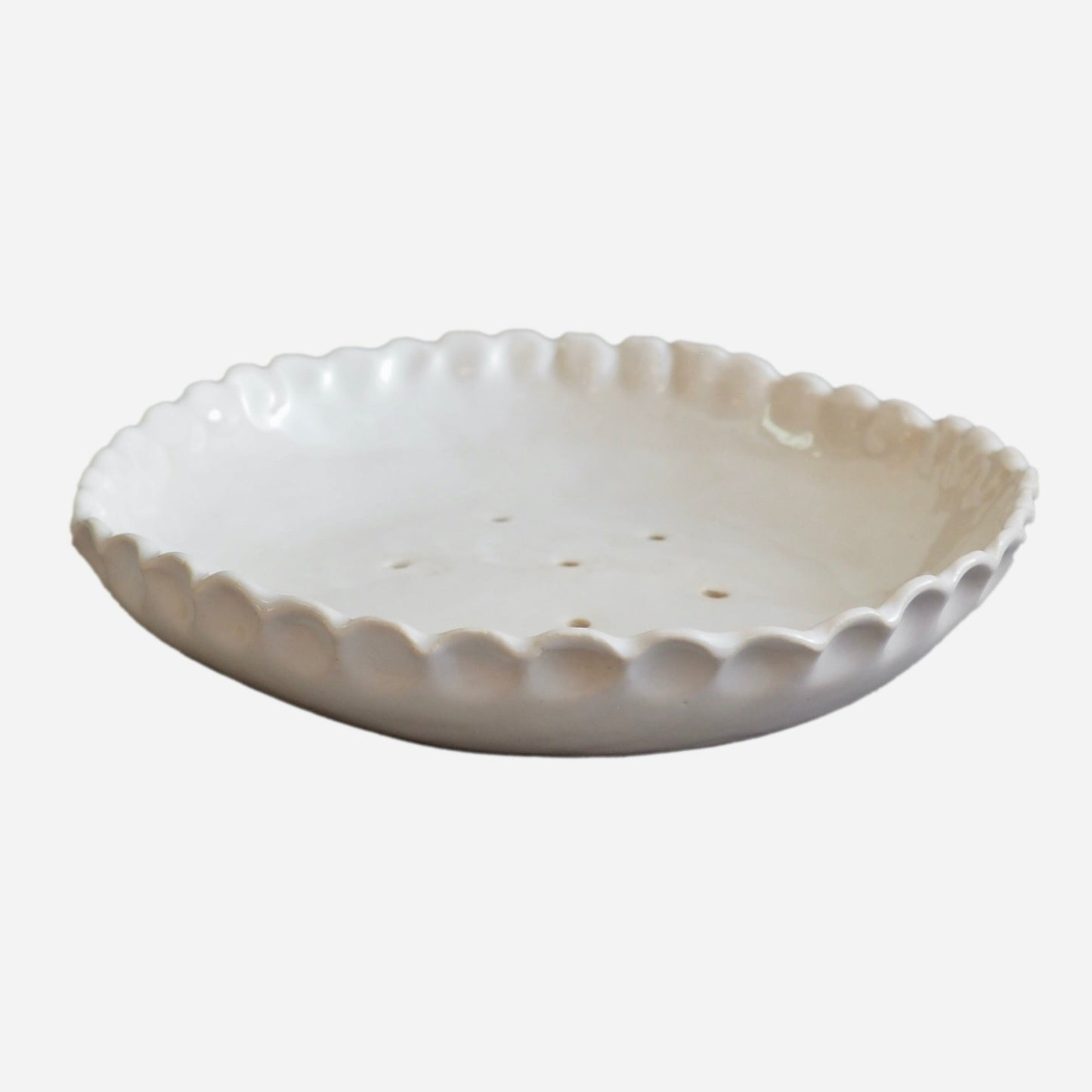 Large Handmade White Gloss Ceramic Soap Dish With Scalloped Edges.