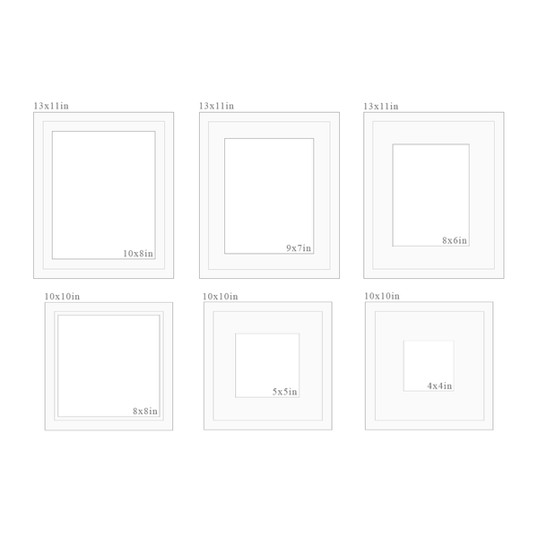 Set of white picture frames with dimensions labeled on a white background