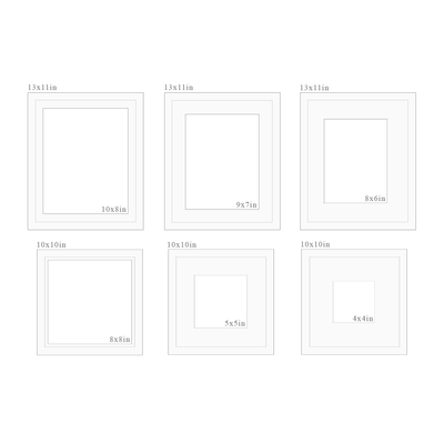 Set of white picture frames with dimensions labeled on a white background