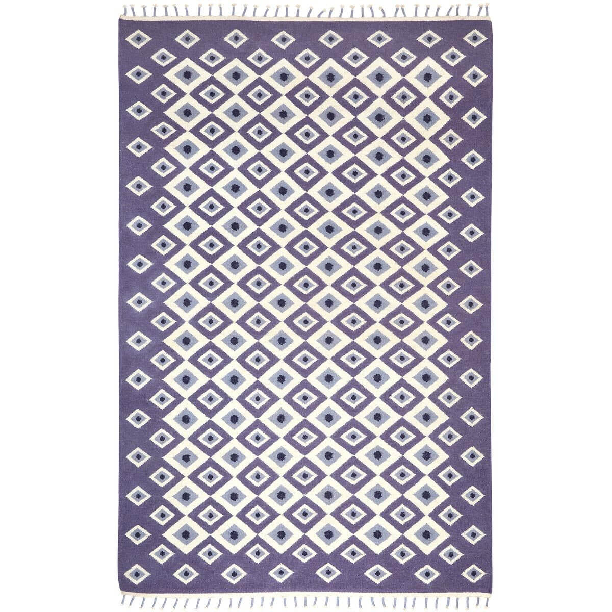 Lavender Evil Eye Flatweave Rug handwoven with wool in purple tones.