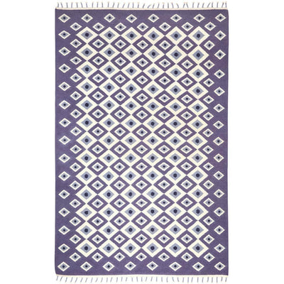 Lavender Evil Eye Flatweave Rug handwoven with wool in purple tones.