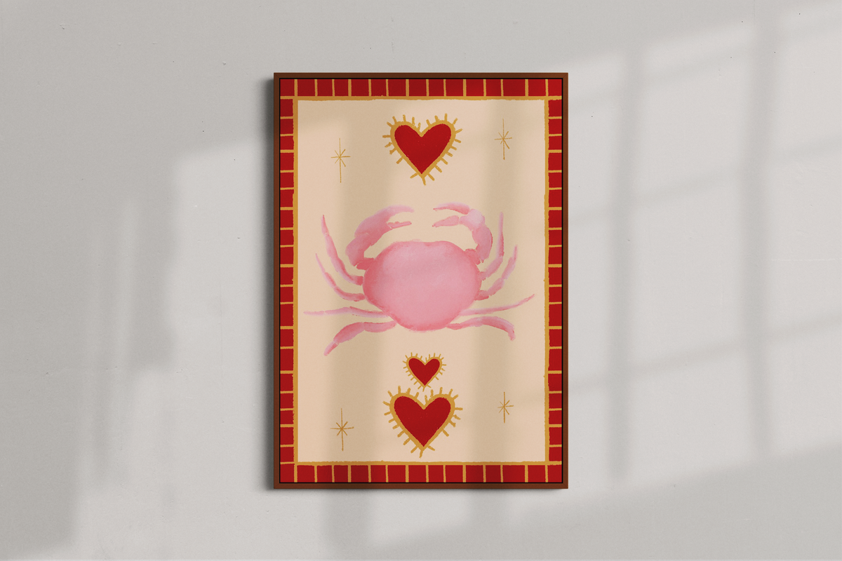 pink and red crab poster art print folk art sea vintage poster