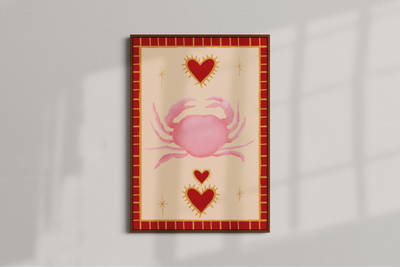 pink and red crab poster art print folk art sea vintage poster