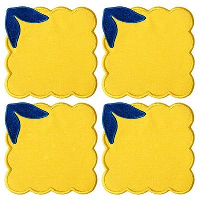 Set of 4 yellow Lemon Coasters by Octaevo, featuring scalloped edges and blue leaf designs in the top left corner.