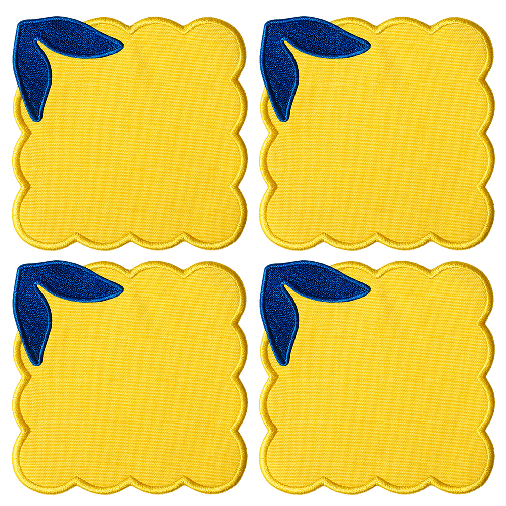 Set of 4 yellow Lemon Coasters by Octaevo, featuring scalloped edges and blue leaf designs in the top left corner.