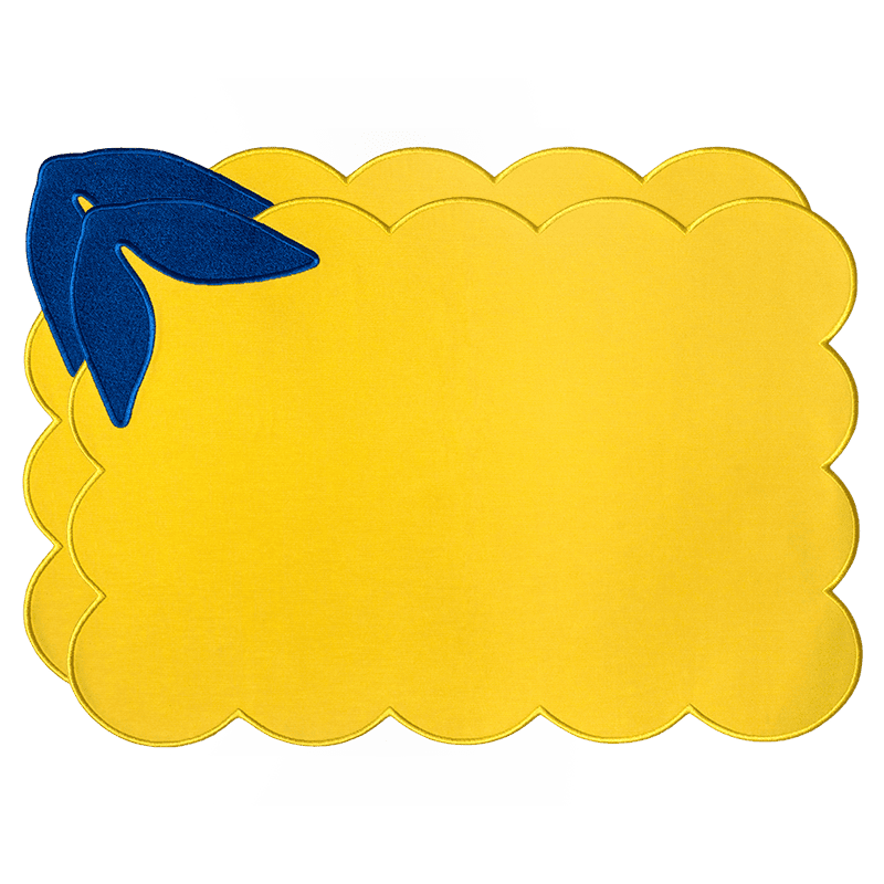 Octaevo Lemon Placemats (Set of 2), yellow with blue leaf embroidery, ideal for bright table decor.