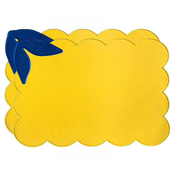 Octaevo Lemon Placemats (Set of 2), yellow with blue leaf embroidery, ideal for bright table decor.