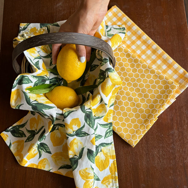 Multi Honeycomb Lemon & Yellow Tea Towel | Block Print