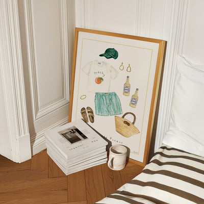 lemonade picnic fine art print- summer Outfit illustration- Lemonade bottles with a lemon thin border styled in bedroom 
