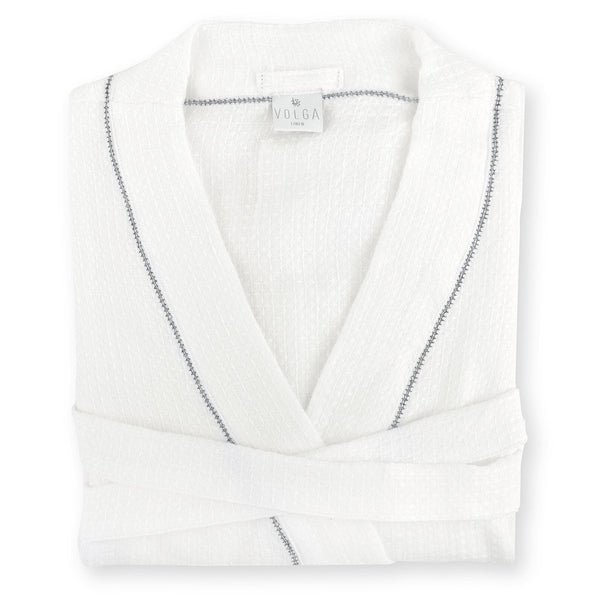 Liège Robe in Ivory White Waffle with Indigo Hemstitch