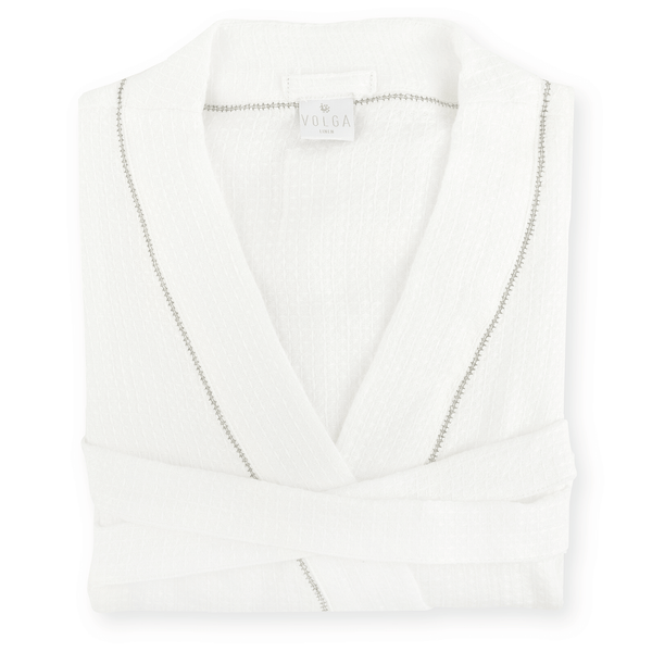 Liège Robe in Ivory White Waffle with Olive Green Hemstitch