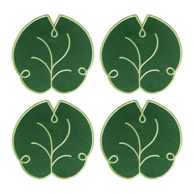 Octaevo Lily Leaf Coasters (Set of 4) in green, each with embroidered light green veins, shown in a 2x2 grid.