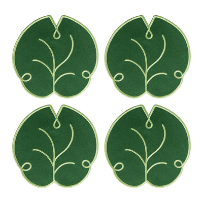 Octaevo Lily Leaf Coasters (Set of 4) in green, each with embroidered light green veins, shown in a 2x2 grid.