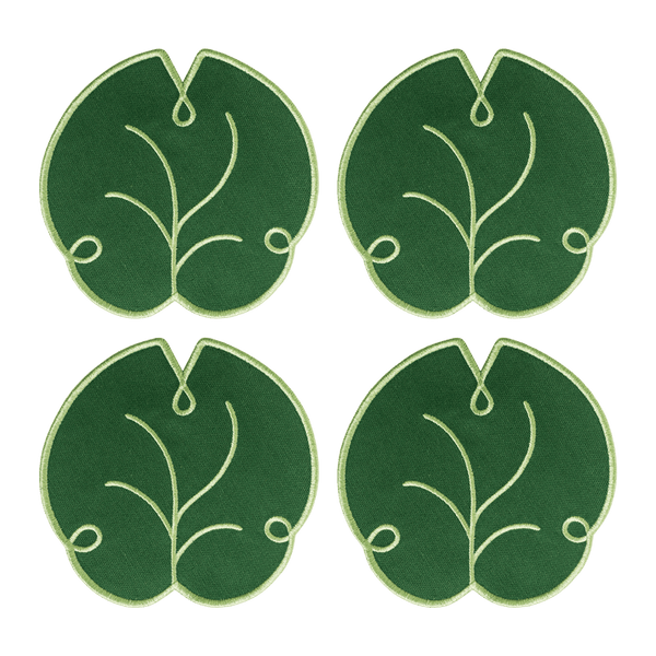 Octaevo Lily Leaf Coasters (Set of 4) in green, each with embroidered light green veins, shown in a 2x2 grid.