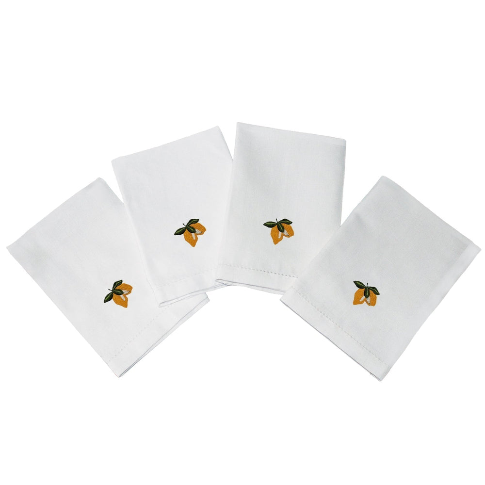 Lemon embroidered napkin set in a linen-cotton blend.
