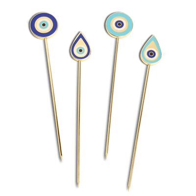 OCTAEVO Lucky Charm Cocktail Picks (Set of 4) feature gold plating with blue and turquoise evil eye designs.