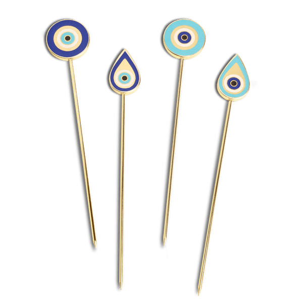 OCTAEVO Lucky Charm Cocktail Picks (Set of 4) feature gold plating with blue and turquoise evil eye designs.