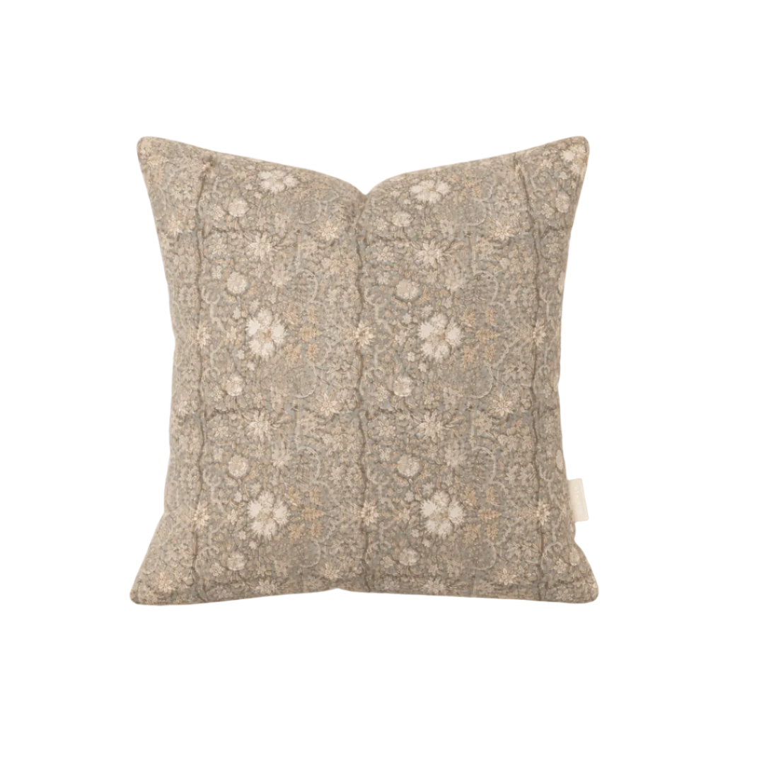 hand block printed linen and cotton cushion in blue and creams