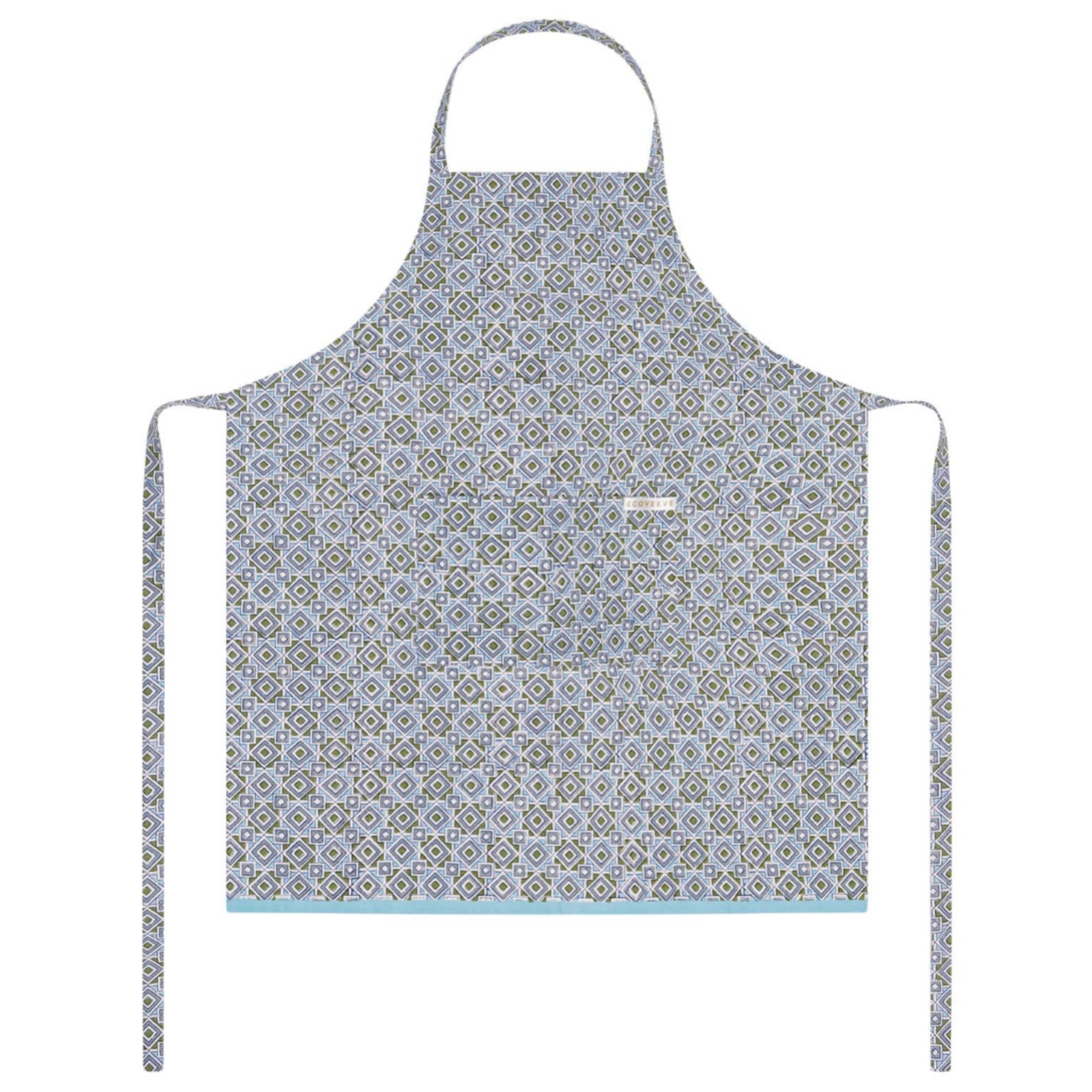 Patterned block printed apron on a white background