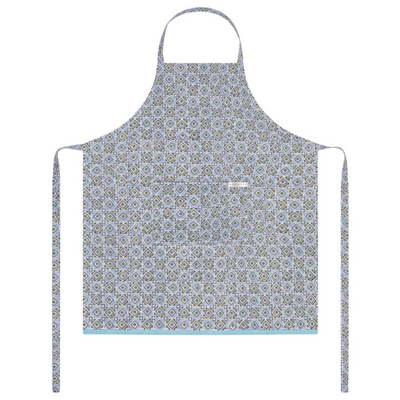 Patterned block printed apron on a white background