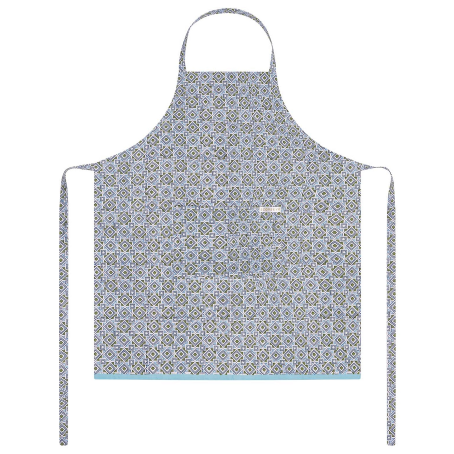 Patterned block printed apron on a white background