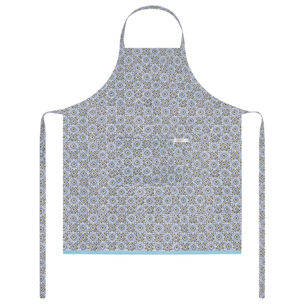 Patterned block printed apron on a white background