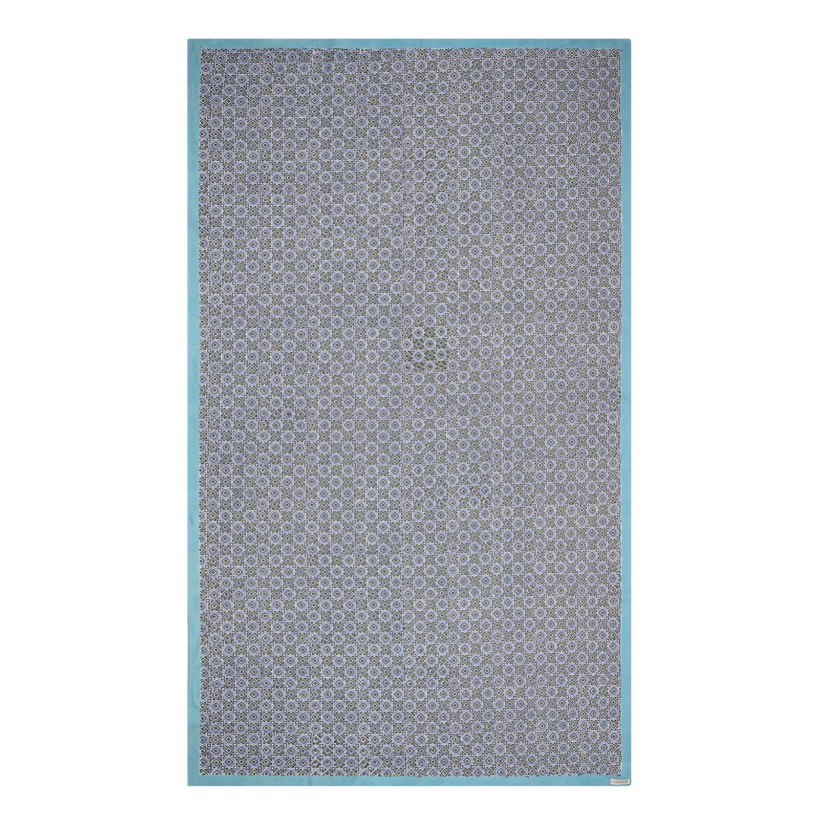 A rectangular tablecloth with a geometric pattern in shades of blue and green, with a solid white border.