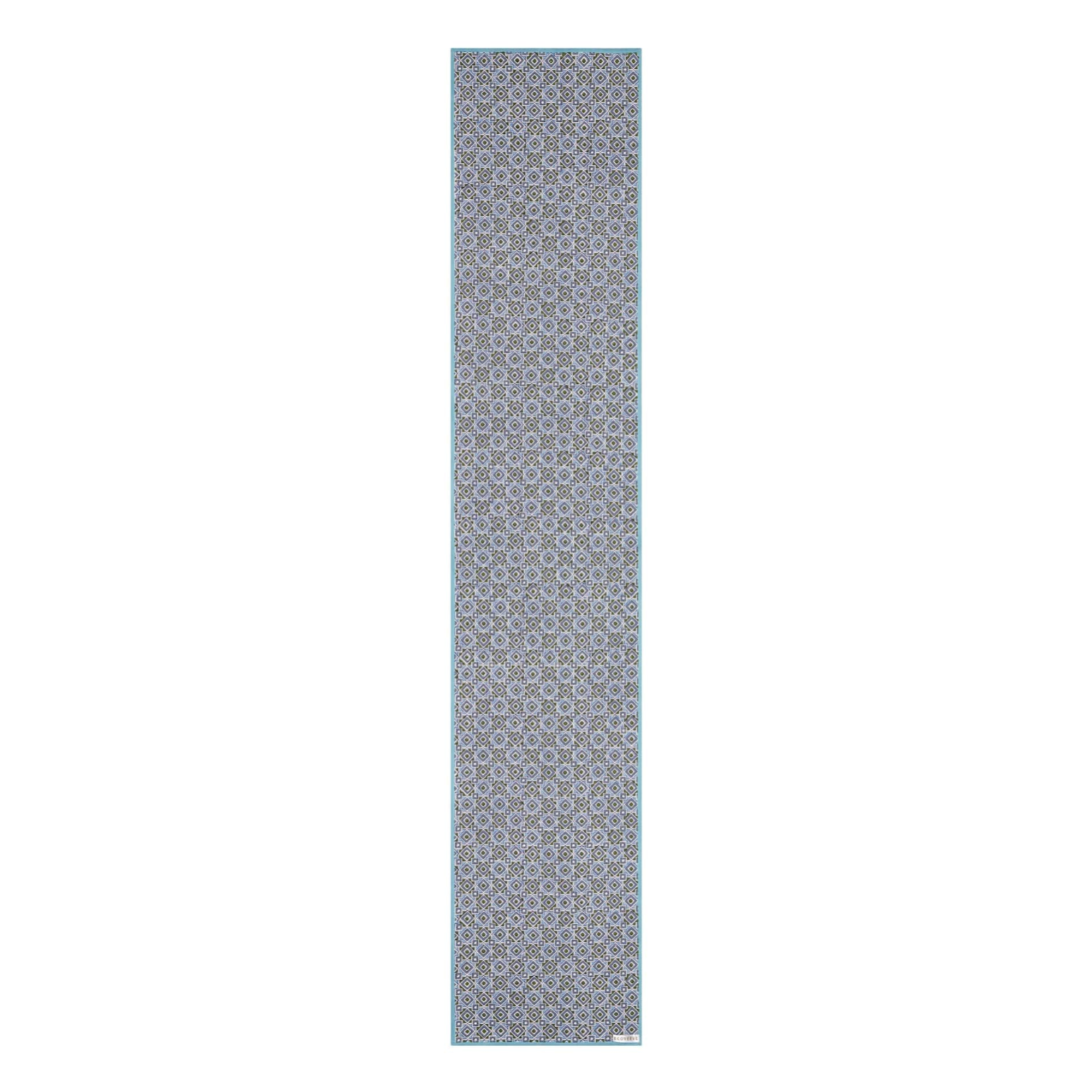 Block printed Maheshwar table runner in shades of blue and turquoise