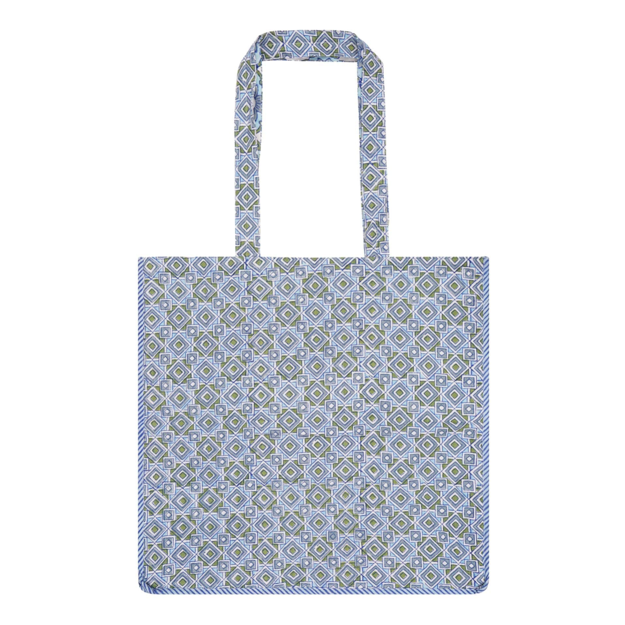 A cotton block-printed tote bag with contrast trim and a geometric design