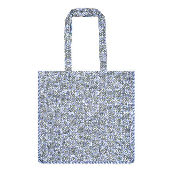 A cotton block-printed tote bag with contrast trim and a geometric design