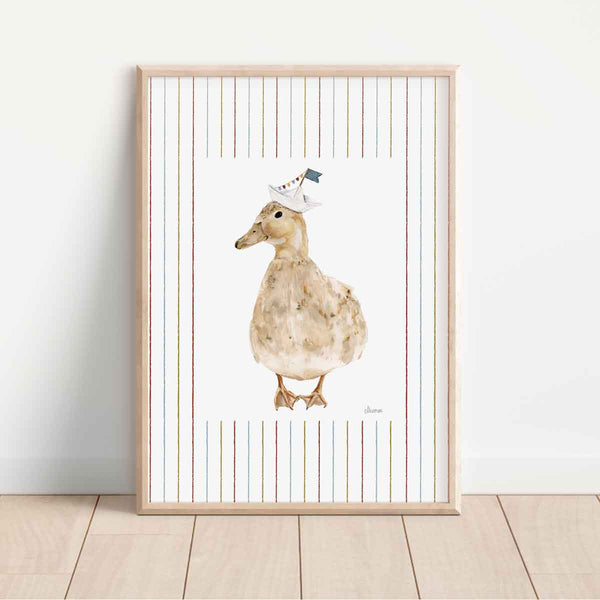 illustrated duck wearing paper boat hat on striped background. Perfect for nursery rooms wall art, bathroom wall art.