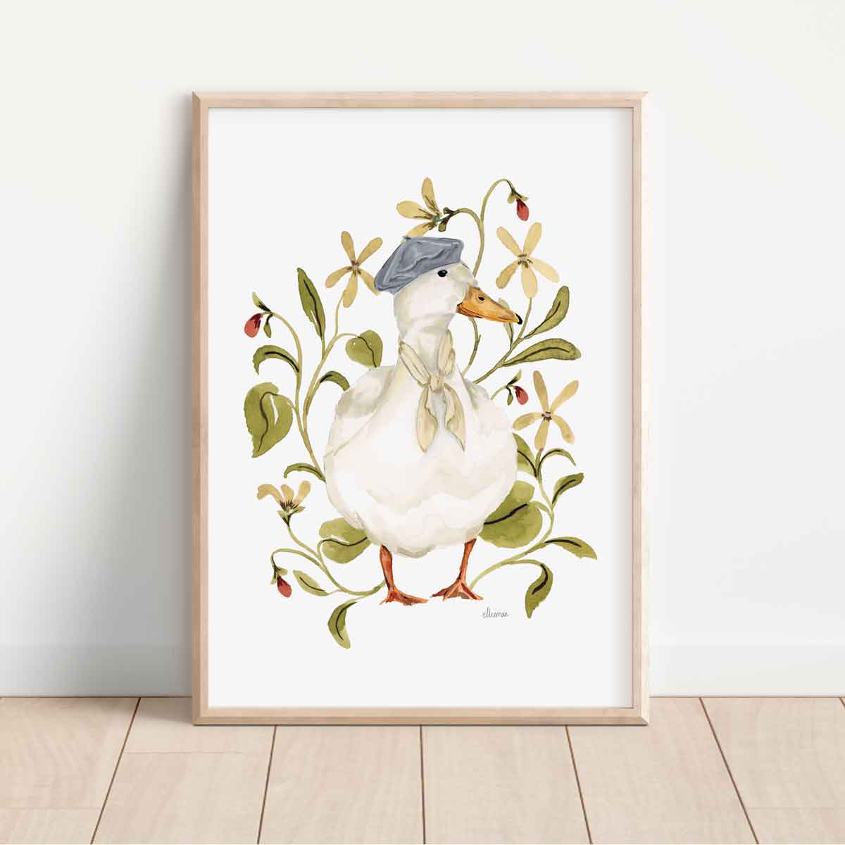 painted white duck with lilac beret and neck scarf surrounded by wildflowers on white background. Ideal for nursery rooms or cottage homes