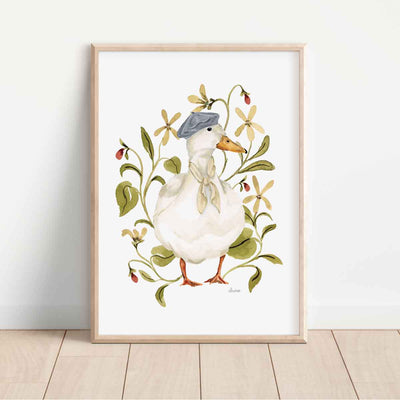 painted white duck with lilac beret and neck scarf surrounded by wildflowers on white background. Ideal for nursery rooms or cottage homes