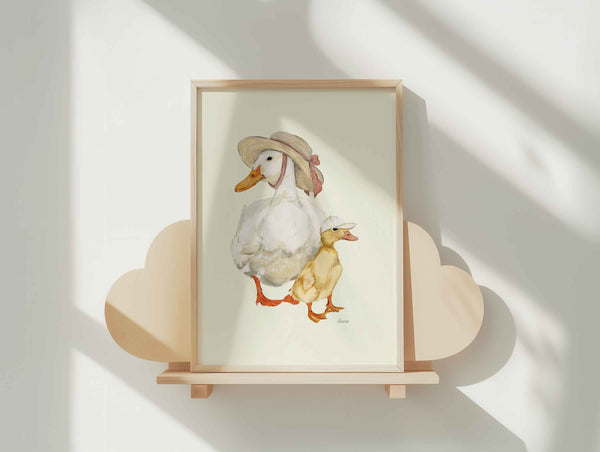 Mum duck and duckling wearing summer hats on a butter yellow background. nursery baby room wall art. Cottage vintage inspired wall art.