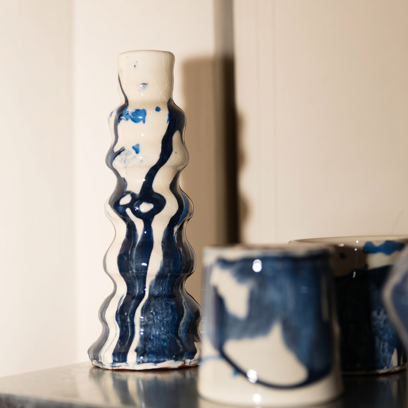 blue marbled candle holder - lifestyle