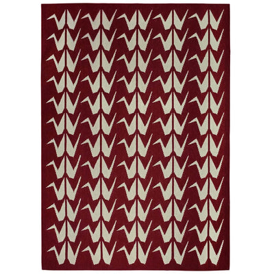 Maroon red rug handwoven with grey origami crane motif
