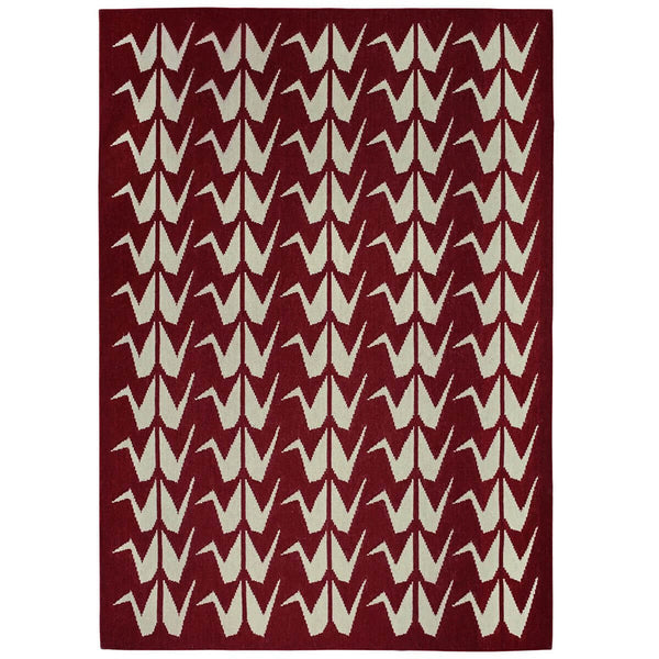 Maroon red rug handwoven with grey origami crane motif