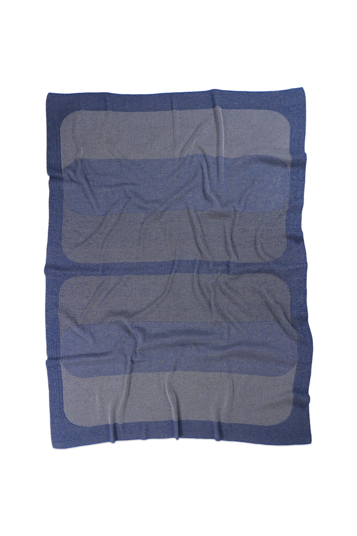 front side of grey/blue knit blanket with rectangles in merino wool and organic cotton