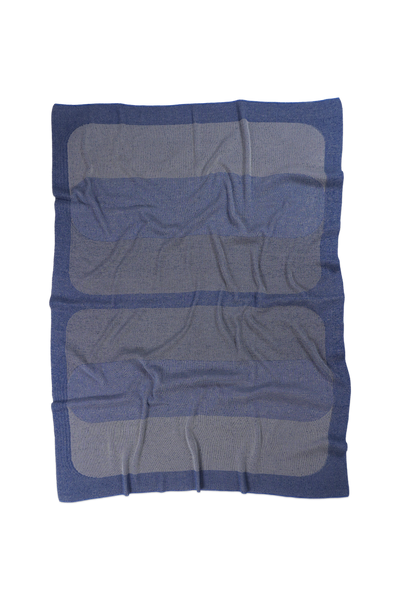 front side of grey/blue knit blanket with rectangles in merino wool and organic cotton