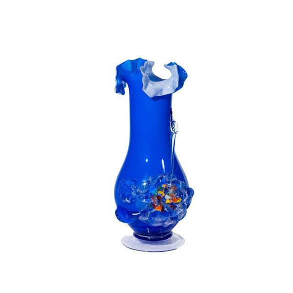 Vintage Ruffled Navy Blue Art Glass Vase