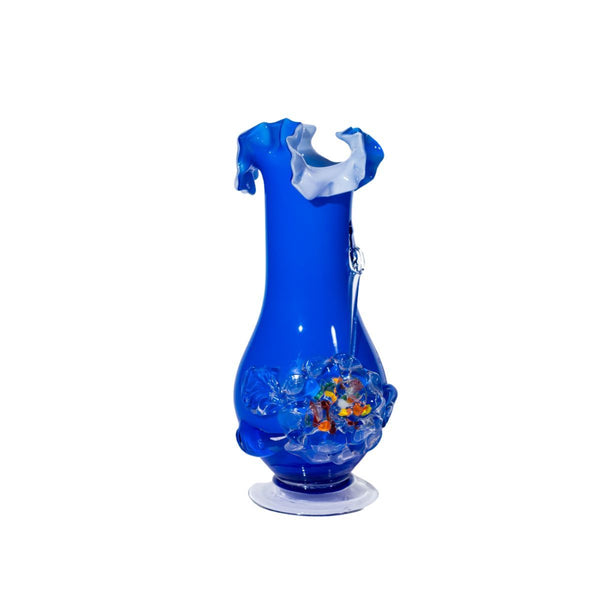 Vintage Ruffled Navy Blue Art Glass Vase