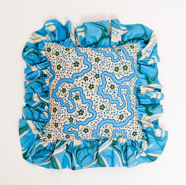 "Frilly fancy" cushion in Cornflower Blue