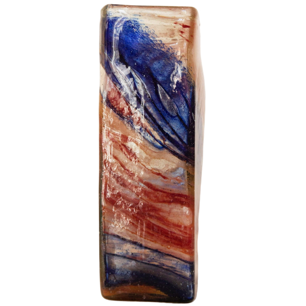 Blown Glass Tall Rectangular Vase, Blue and Coral, Large