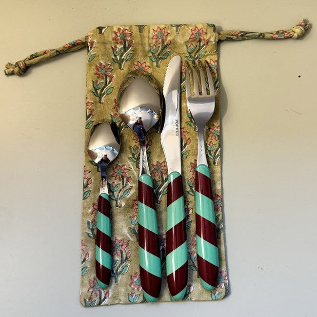 Cutlery Set of 4 Stripes Green and Purple