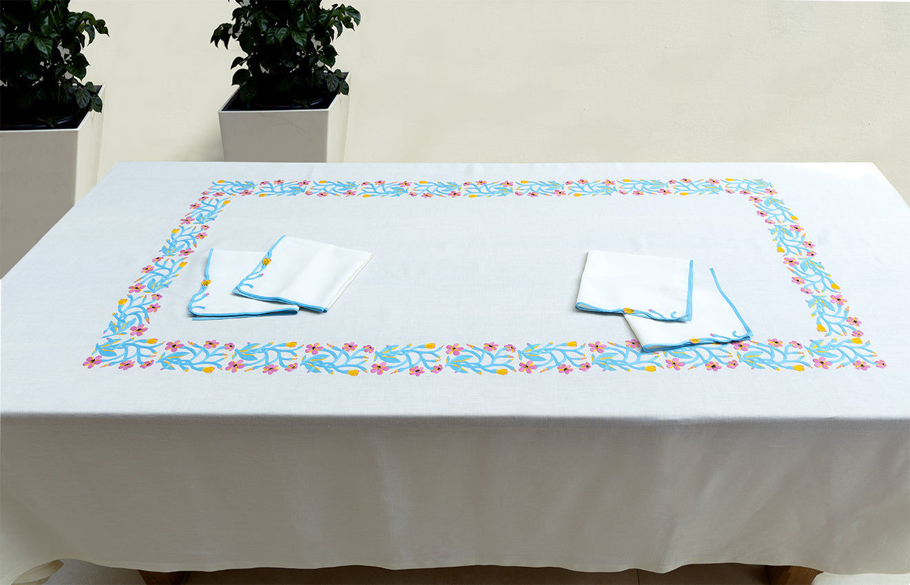 Embroidered Tablecloths - White & Blue (Set of 4)
